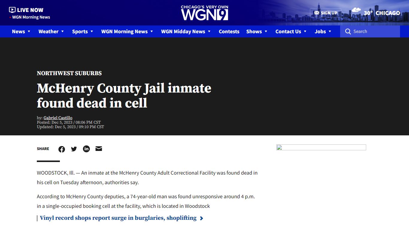 McHenry County Jail inmate found dead in cell - WGN-TV
